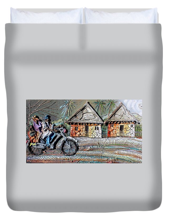 Africa Duvet Cover featuring the painting Family Cyclist by Paul Gbolade Omidiran