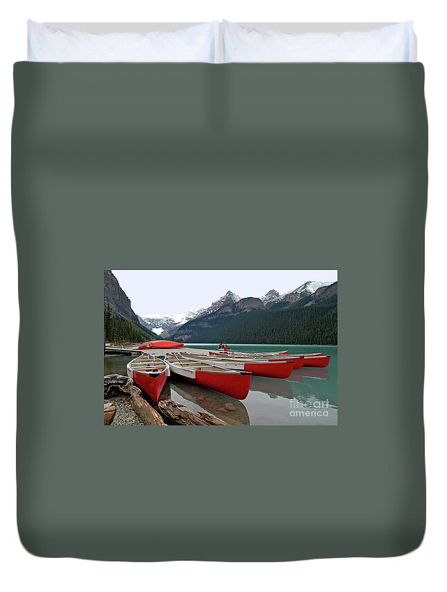 Alberta Duvet Cover featuring the photograph Fan Shaped Canoes - Lake Louise Banff - Banff National Park - Alberta - Canada by Paolo Signorini
