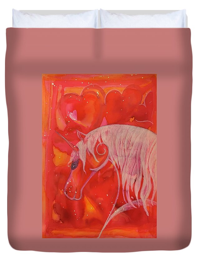 Unicorn Duvet Cover featuring the painting Fanciful Unicorn and Hearts by Sandy Rakowitz