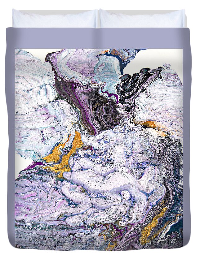 Puffy Clouds Textural Fantastic Abstract Multidimensional Duvet Cover featuring the painting Fantastical Cloud eating dragon by Priscilla Batzell Expressionist Art Studio Gallery