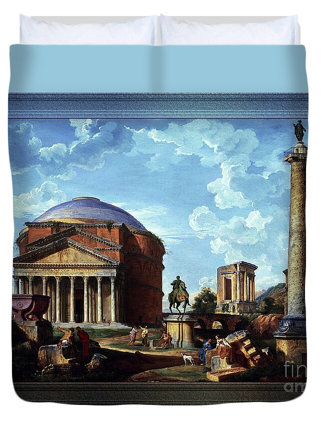 Architectural Fantasy Duvet Cover featuring the painting Fantasy View with the Pantheon and other Monuments of Old Rome by Rolando Burbon