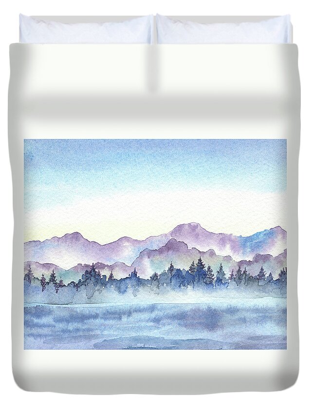 Pine Forest Duvet Cover featuring the painting Far Pine Trees Forest Foggy River Hills Watercolor by Irina Sztukowski