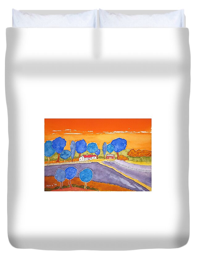 Watercolor Duvet Cover featuring the painting Faraway Farm by John Klobucher
