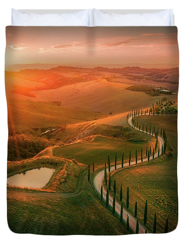 Sunset Duvet Cover featuring the photograph Farm land birdview by Henry w Liu