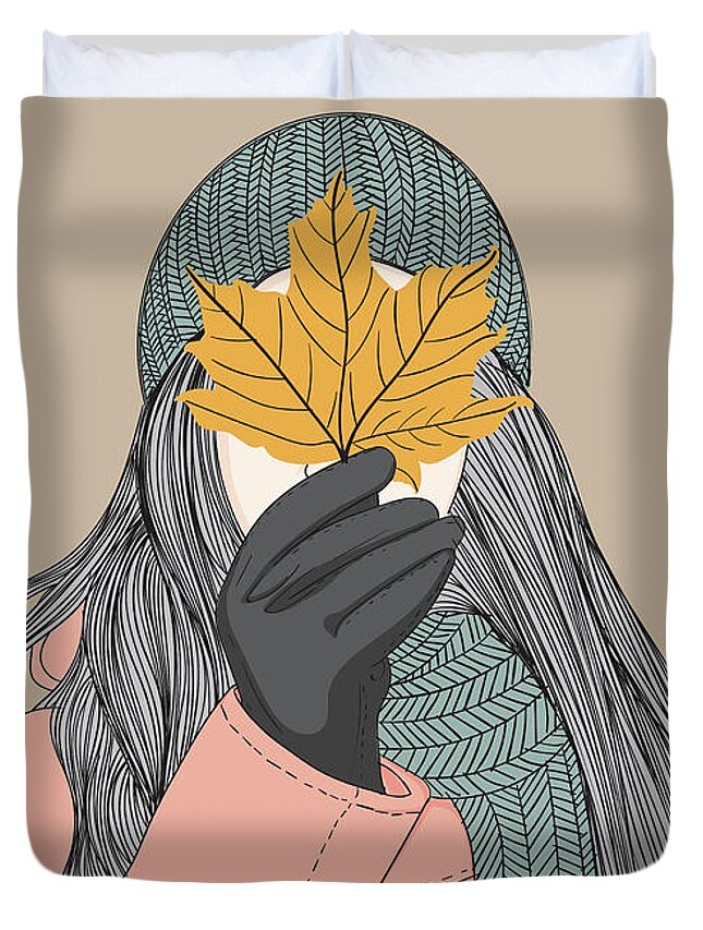 Graphic Duvet Cover featuring the digital art Fashion Girl Holding Leaves In Autumn - Line Art Graphic Illustration Artwork by Sambel Pedes