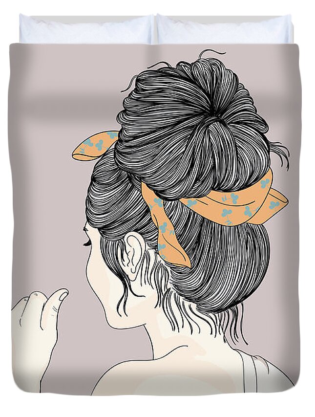 Graphic Duvet Cover featuring the digital art Fashion Girl With Pretty Hairstyle - Line Art Graphic Illustration Artwork by Sambel Pedes