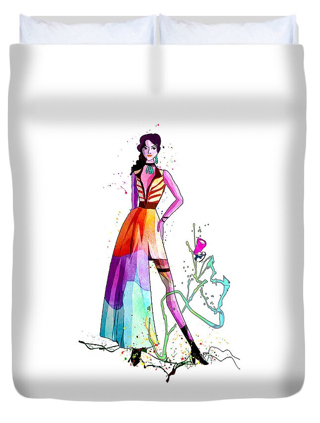 Woman Duvet Cover featuring the mixed media Fashion Model 08 by Miki De Goodaboom