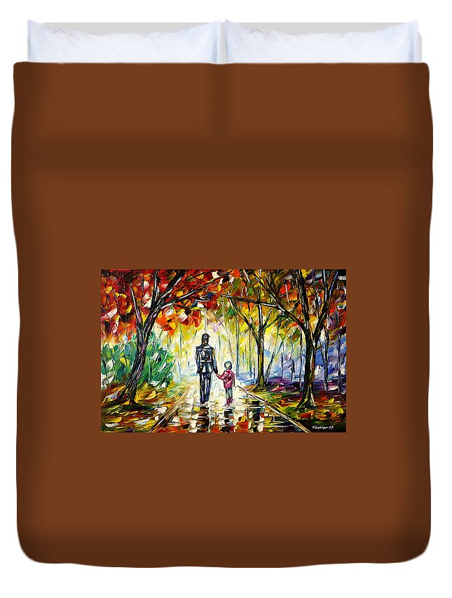 Autumn Walk Duvet Cover featuring the painting Father With Daughter In The Park by Mirek Kuzniar