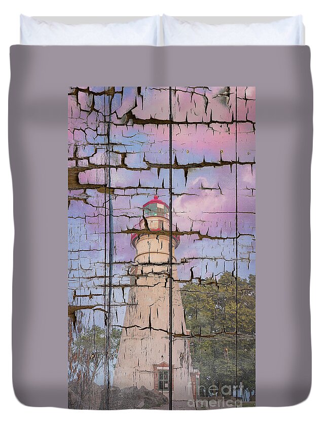 Lighthouse Duvet Cover featuring the photograph Faux Wood Texture Marblehead Lighthouse at Sunset Coastal Landscape Photo by PIPA Fine Art - Simply Solid