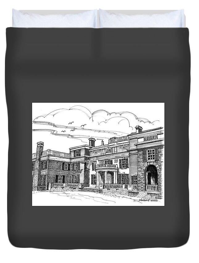 Fdr Duvet Cover featuring the drawing FDR Home Hyde Park NY by Richard Wambach