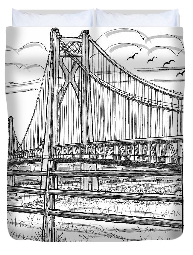 Poughkeepsie Duvet Cover featuring the drawing FDR Mid-Hudson Bridge by Richard Wambach