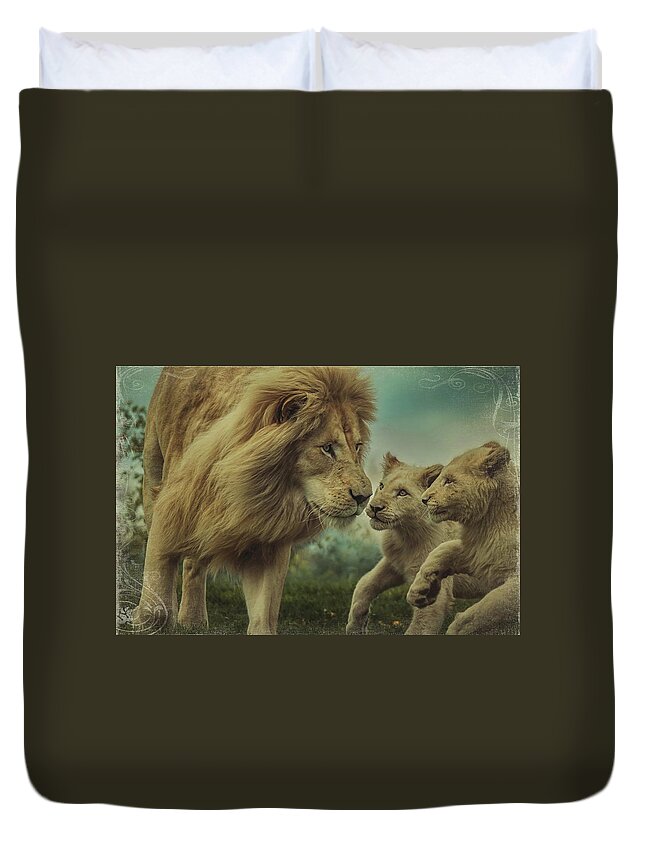 Lion Duvet Cover featuring the photograph Fearless Father Texture Version by Carrie Ann Grippo-Pike