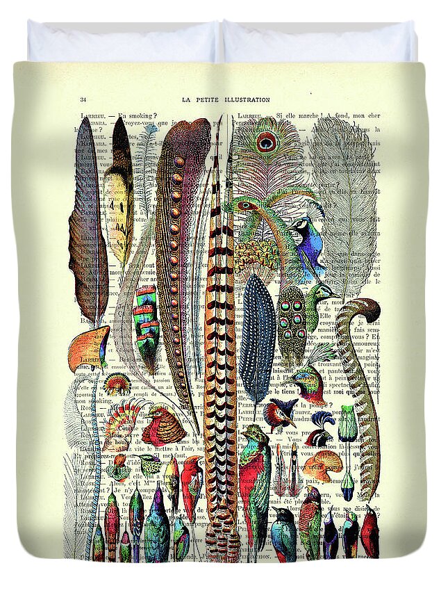Feather Duvet Cover featuring the digital art Feather illustration on antique book page by Madame Memento