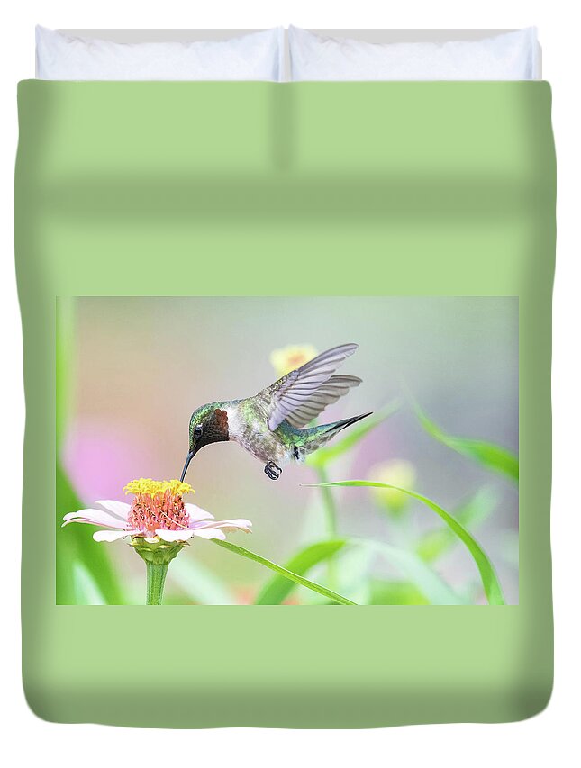 Ruby Throated Hummingbird Duvet Cover featuring the photograph Feathered Fancy by Linda Shannon Morgan