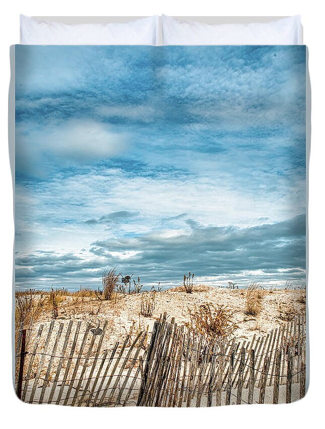 Sandy Hook Duvet Cover featuring the photograph Fences On The Dune At Sandy Hook by Gary Slawsky