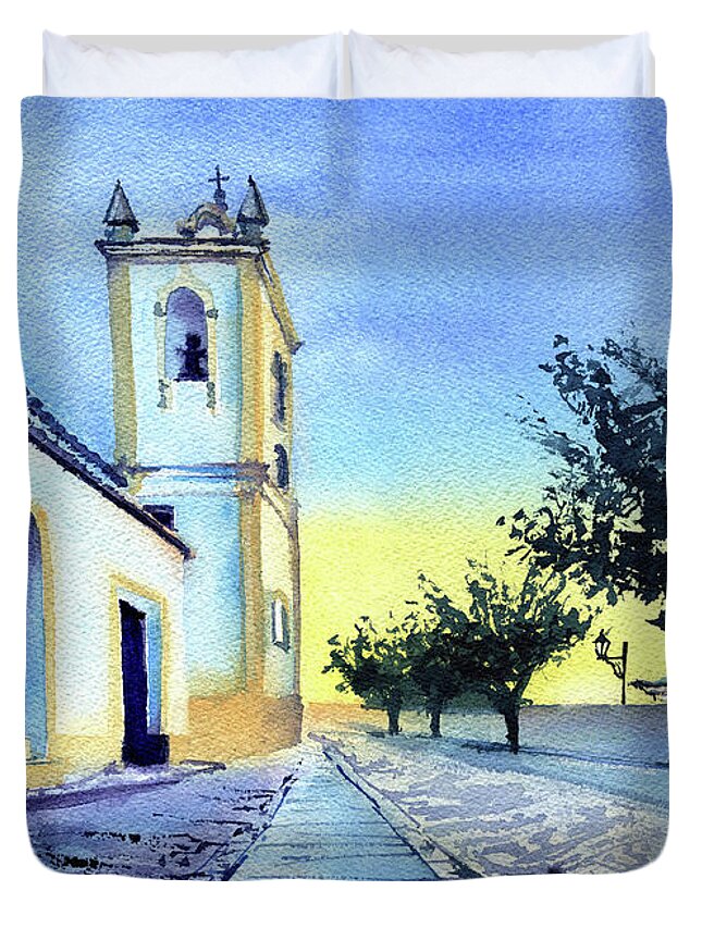 Portugal Duvet Cover featuring the painting Ferragudo Church Algarve Portugal by Dora Hathazi Mendes