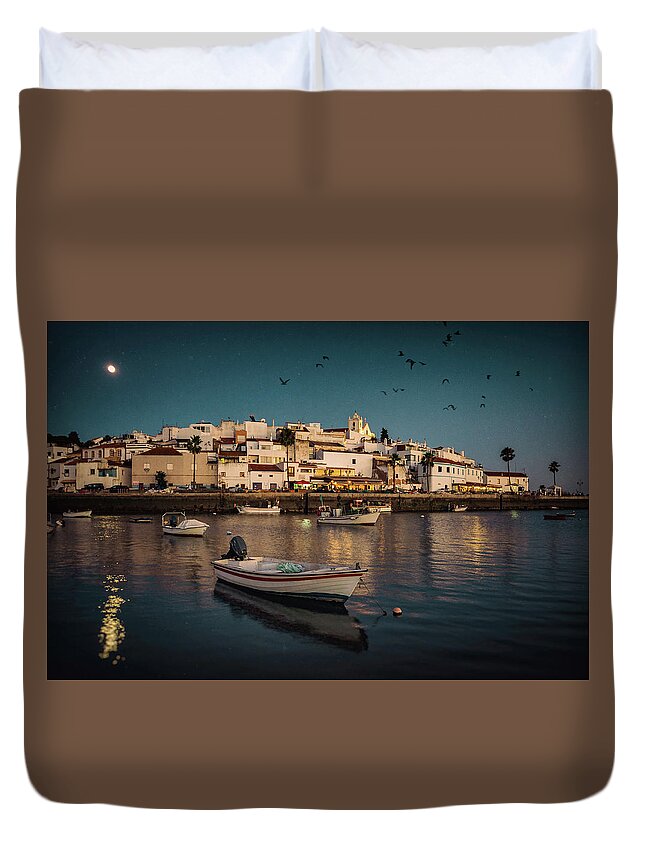 Algarve Duvet Cover featuring the photograph Ferragudo Village at Twilight by Carlos Caetano