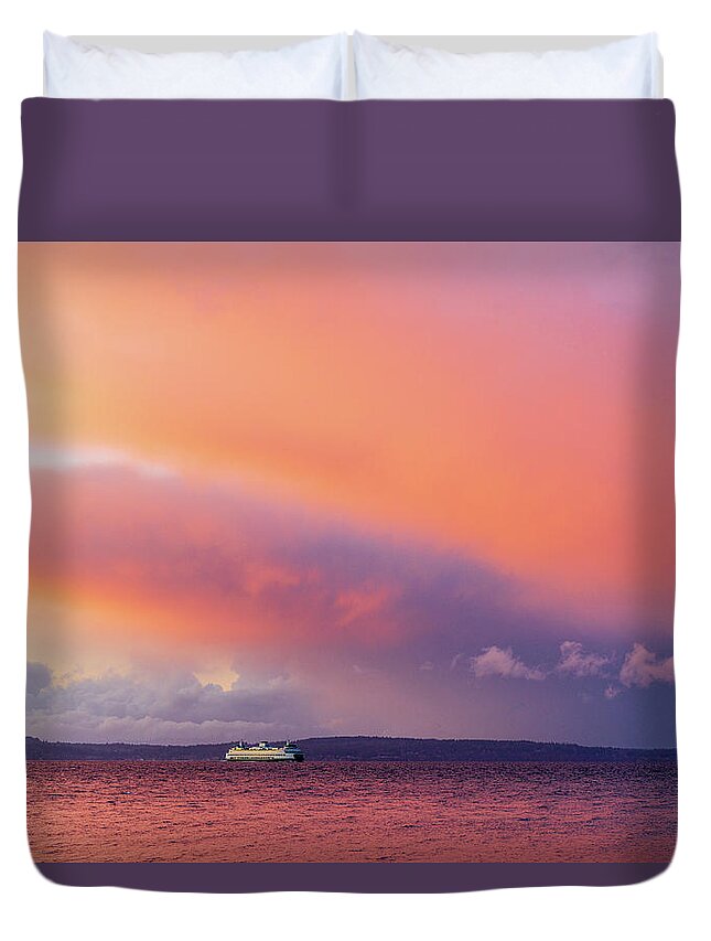 Outdoor; Colors; Bainbridge Island; Sunset; Twilight; Elliott Bay Duvet Cover featuring the digital art Ferry in the sunset storm by Michael Lee