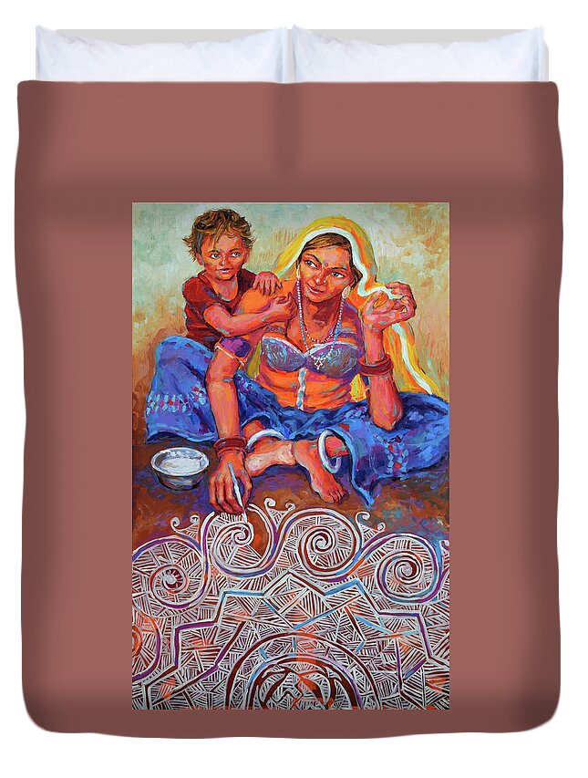 Mother And Child Duvet Cover featuring the painting Festive Bliss, Rangoli by Jyotika Shroff