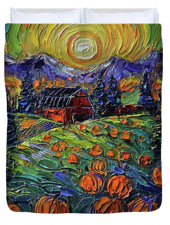 Field Of Pumpkins Duvet Cover featuring the painting FIELD OF PUMPKINS - Detail - commissioned oil painting by Mona Edulesco