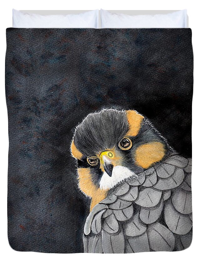 Bird Duvet Cover featuring the painting Fierce Little Falcon Watercolor by Kimberly Walker