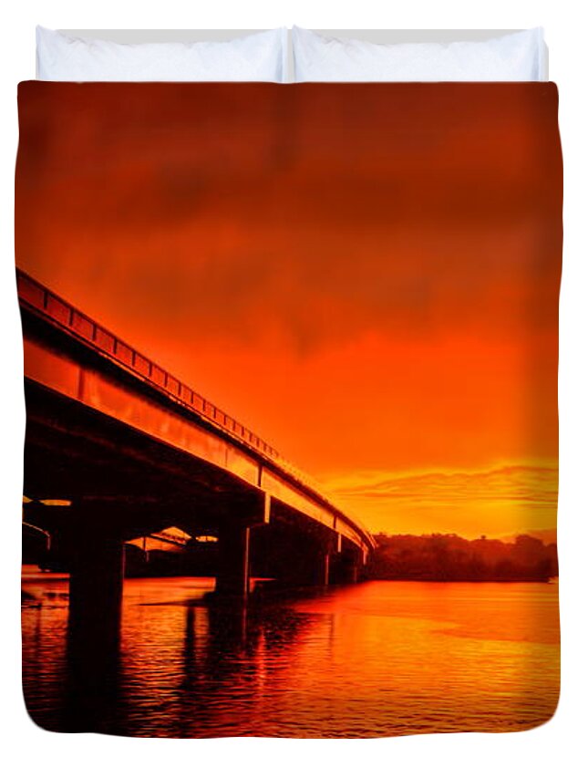 Weather Duvet Cover featuring the photograph Fiery Overpass Sunset by Dale Kauzlaric