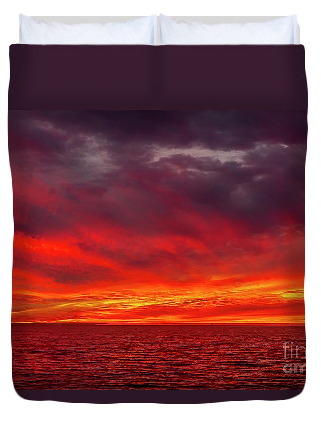 Sunset Duvet Cover featuring the photograph Fiery Sunset in Oceanside - January 10, 2022 by Rich Cruse
