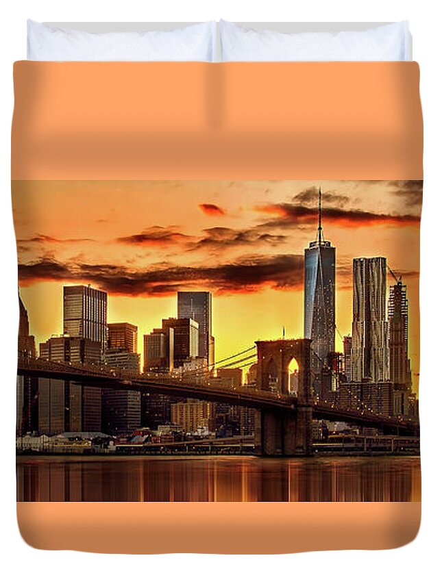 New York City Duvet Cover featuring the photograph Fiery Sunset Over Manhattan by Az Jackson