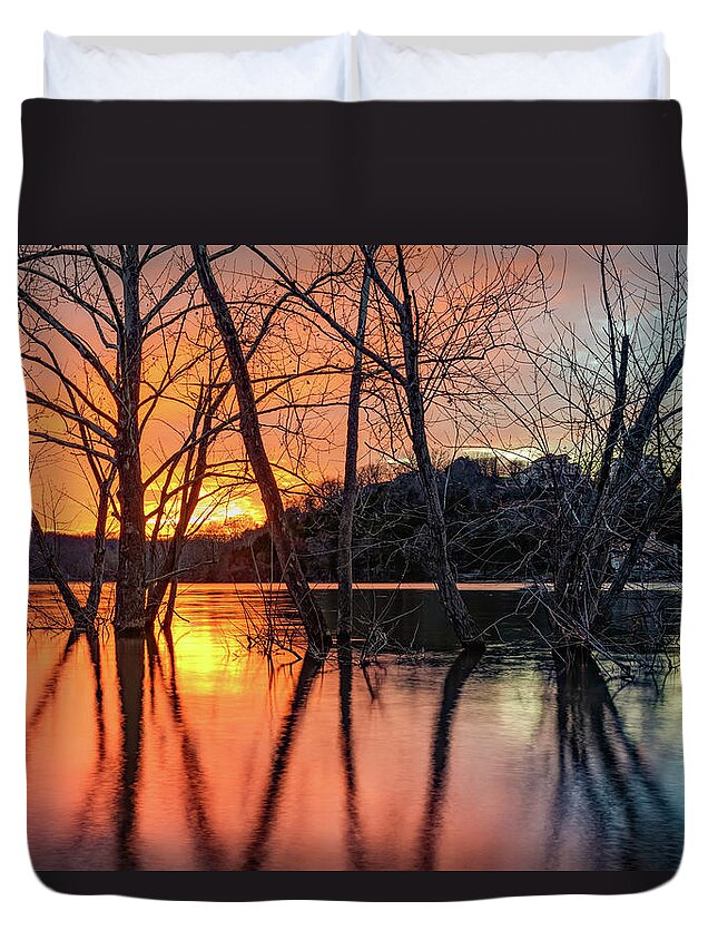 America Duvet Cover featuring the photograph Fire and Ice Sunset Over Beaver Lake - Northwest Arkansas by Gregory Ballos