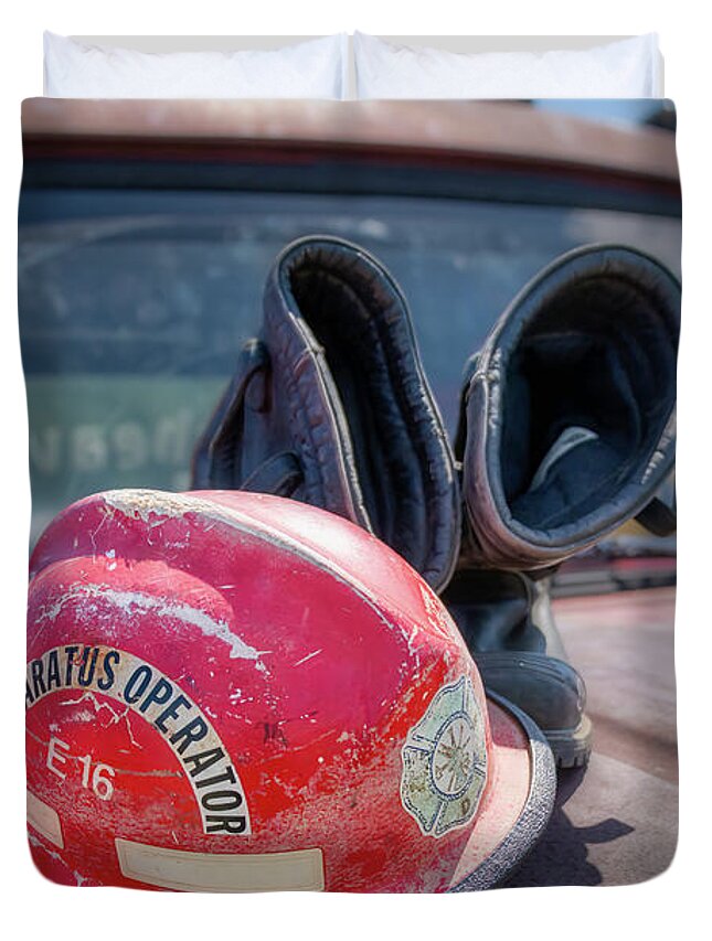 Firefighter Duvet Cover featuring the photograph Fire Gear-1 by John Kirkland