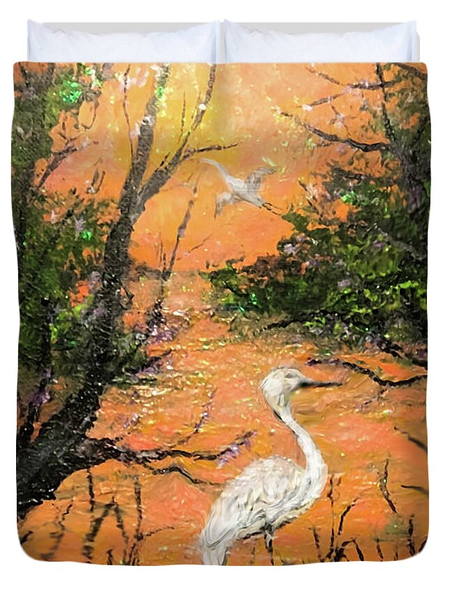 Heron Duvet Cover featuring the painting Fire in the Sky by Bonnie Marie