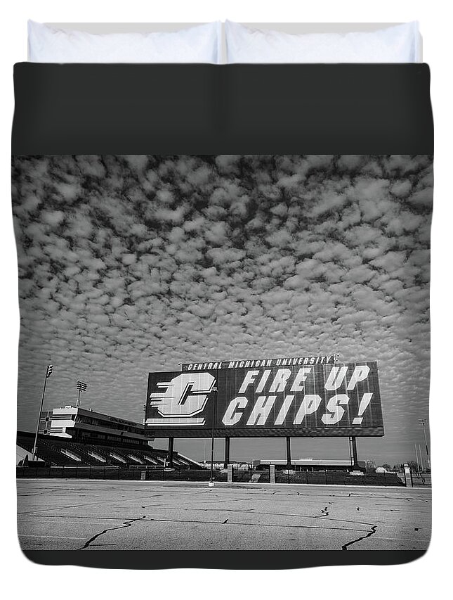 Central Michigan University Chippewas Duvet Cover featuring the photograph Fire Up Chips sign at Kelly Shorts Stadium wide shot in black and white by Eldon McGraw