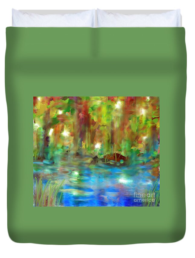  Duvet Cover featuring the painting Fireflies on the Riverbank by Shirley Moravec