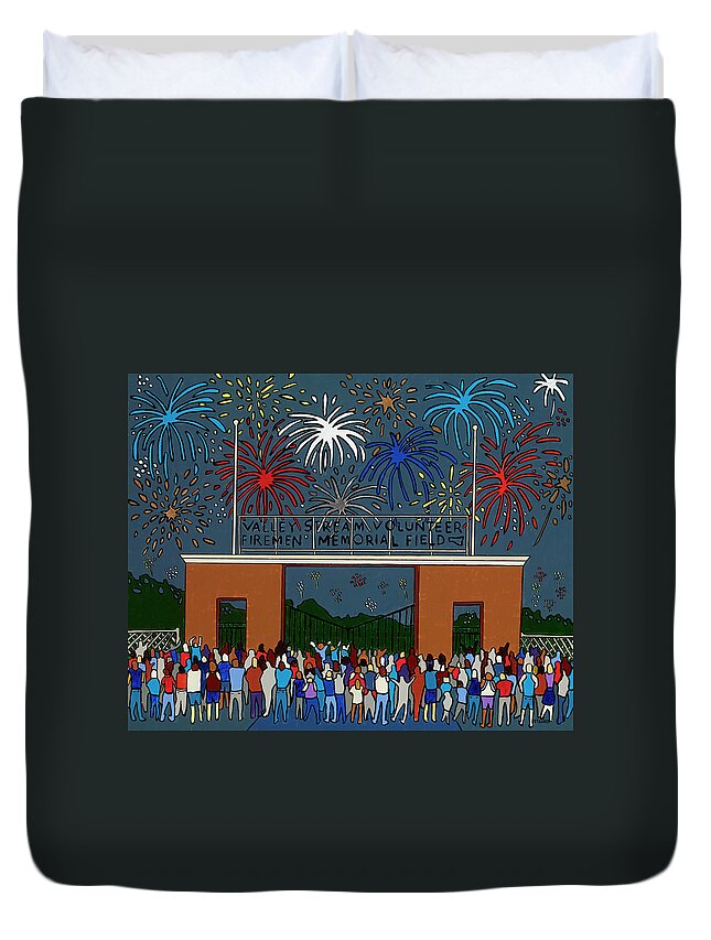 4thof July Independence Day Fireworks Firemen's Field Valleystream Newyork Duvet Cover featuring the painting Fireworks at Firemen's Field by Mike Stanko