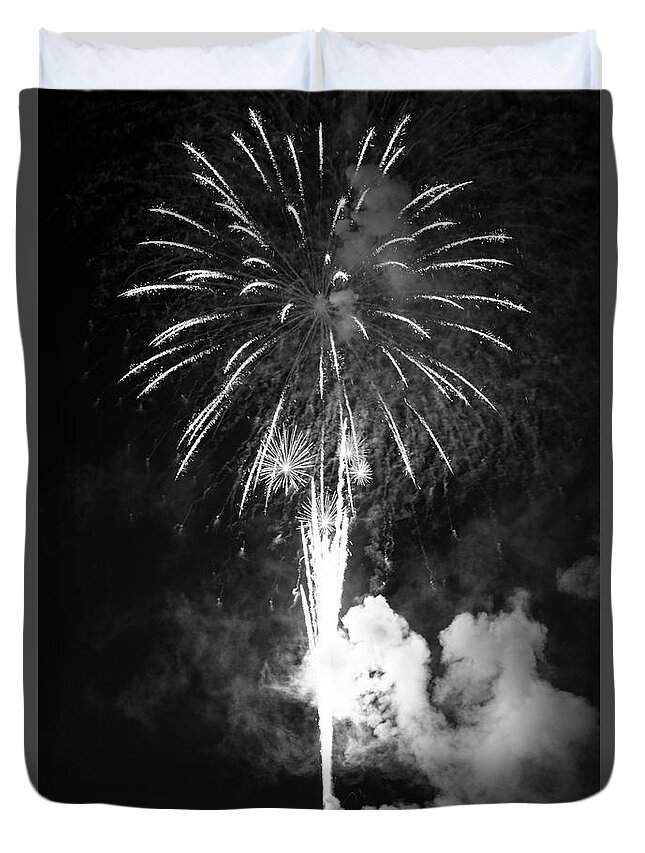 Black Duvet Cover featuring the photograph Fireworks in Black and White by Carolyn Hutchins