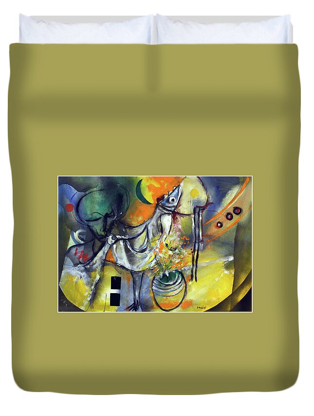 African Art Duvet Cover featuring the painting Fishbirdman I am by Winston Saoli 1950-1995
