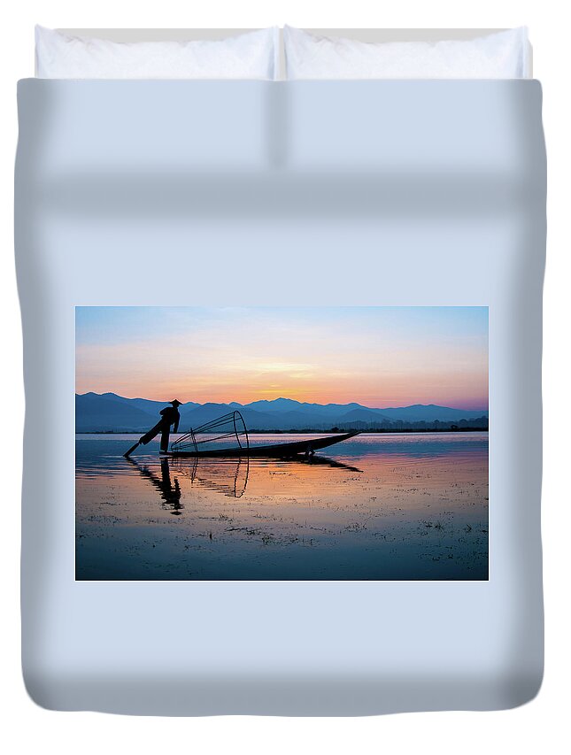 Fisherman Duvet Cover featuring the photograph Fisherman at Inle Lake by Arj Munoz