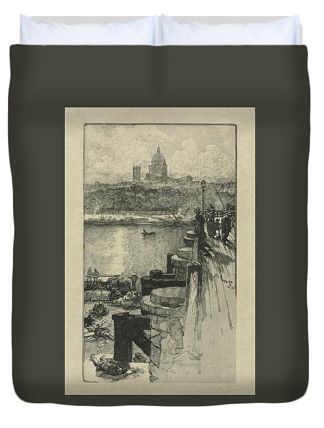 Fishermen On A Pier Paris Date Unknown Auguste Louis French 1849 To 1918 Duvet Cover featuring the painting Fishermen on a Pier Paris Date unknown Auguste Louis French 1849 to 1918 by MotionAge Designs