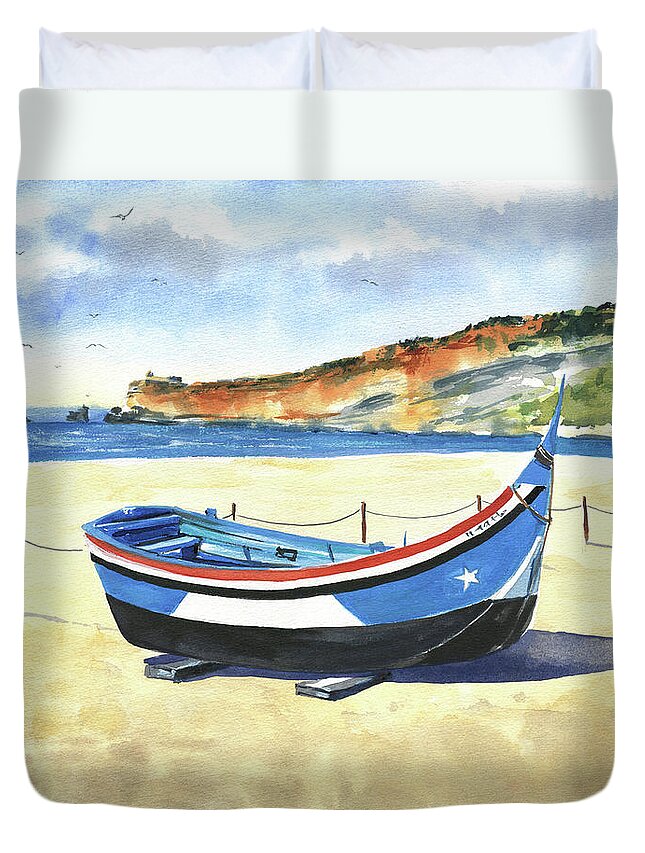 Portugal Duvet Cover featuring the painting Fishing Boat in Nazare Portugal Painting by Dora Hathazi Mendes