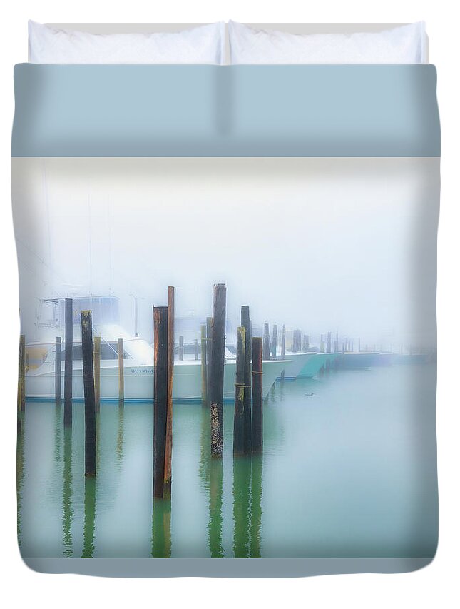 North Carolina Duvet Cover featuring the photograph Fishing Boats in Morning Fog Horiz LS by Dan Carmichael