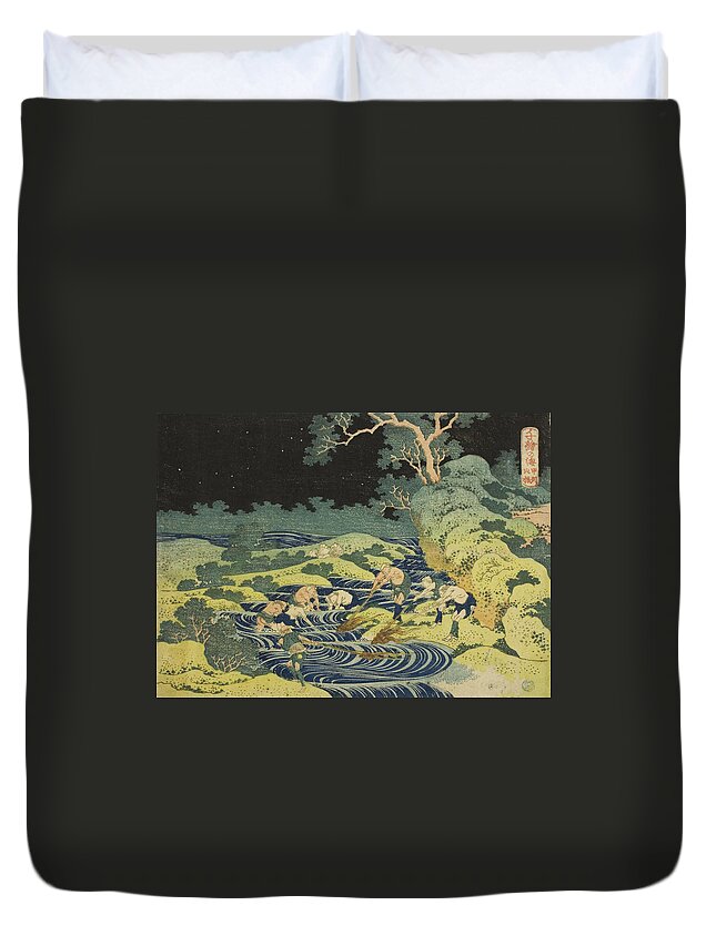 19th Century Art Duvet Cover featuring the relief Fishing by Torch in Kai Province from the series One Thousand Pictures of the Ocean by Katsushika Hokusai