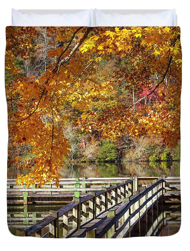 Carolina Duvet Cover featuring the photograph Fishing Dock under the Maple Trees by Debra and Dave Vanderlaan