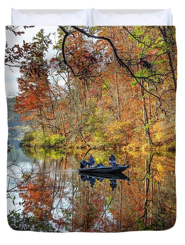 Boats Duvet Cover featuring the photograph Fishing in Autumn Beauty by Debra and Dave Vanderlaan