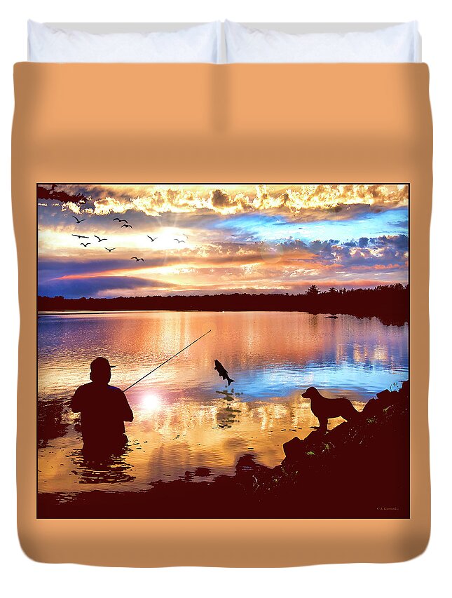 Mountain Lake Sunset Duvet Cover featuring the digital art Fishing Pals, Fisherman and His Dog at Sunset by A Macarthur Gurmankin