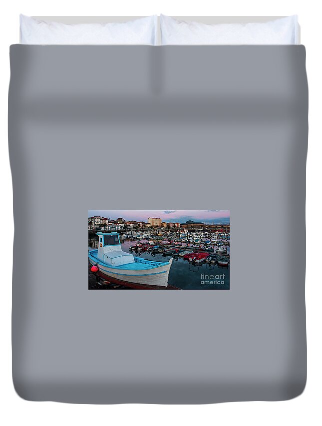 Architecture Duvet Cover featuring the photograph Fishing Port of Ferrol by Night Blue and magenta Sky La Corua by Pablo Avanzini