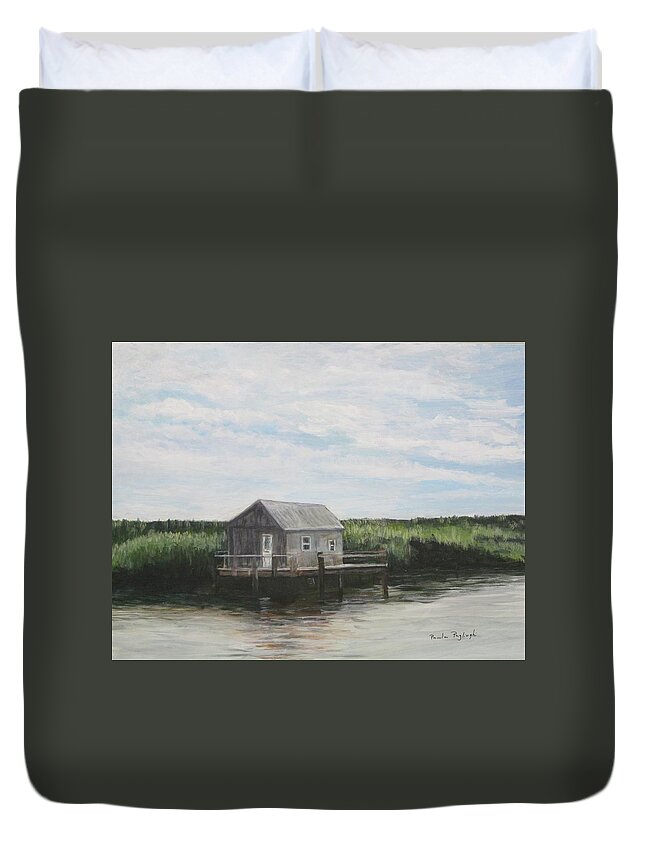 Painting Duvet Cover featuring the painting Fishing Shack by Paula Pagliughi