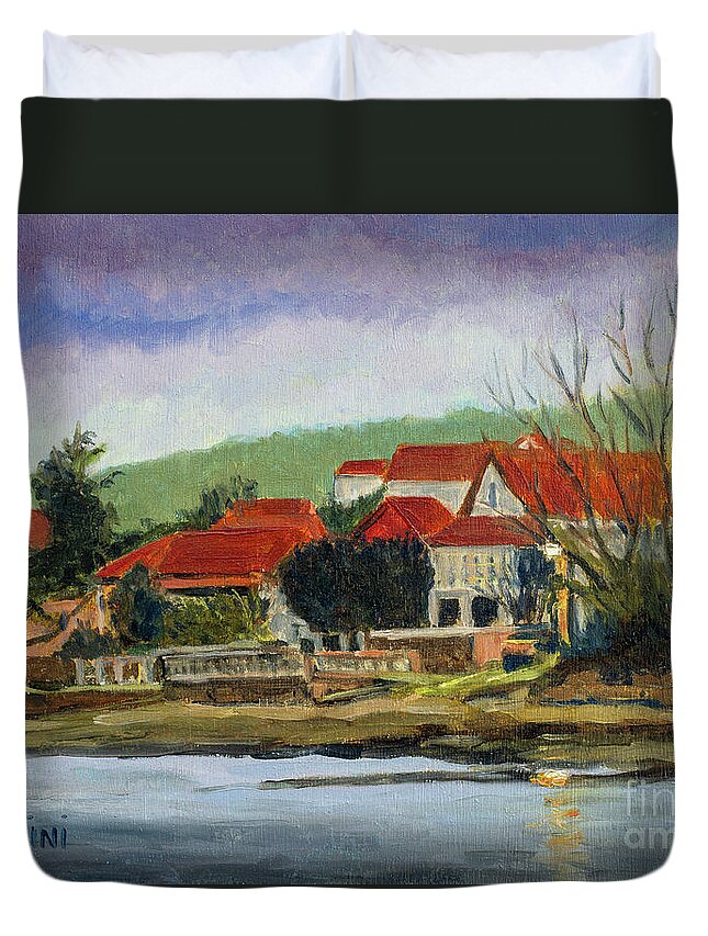 Romantic Duvet Cover featuring the painting Fishing Town of Maninos Fene La Coruna Galicia Spain Oil Painting by Pablo Avanzini