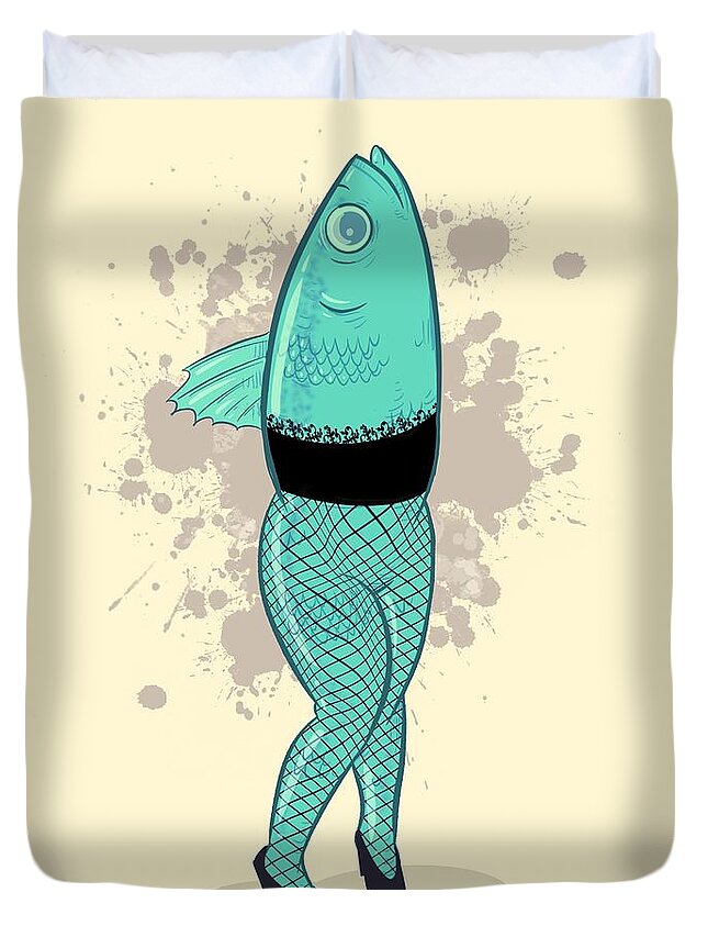 Fish Duvet Cover featuring the drawing Fishnets by Ludwig Van Bacon
