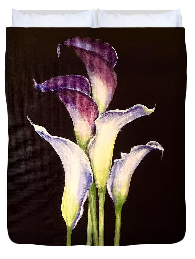 Paintings Duvet Cover featuring the painting Five Calla Lilies by Sherrell Rodgers