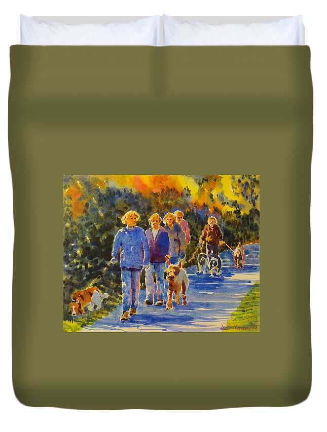 Fall Duvet Cover featuring the painting Five Dog Walkers by David Gilmore